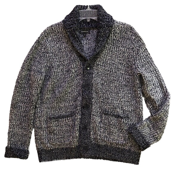 Express Shawl Collar Cardigan Sweater Mens Sz L Navy Marled Chunky Knit Grandpa - Picture 10 of 14